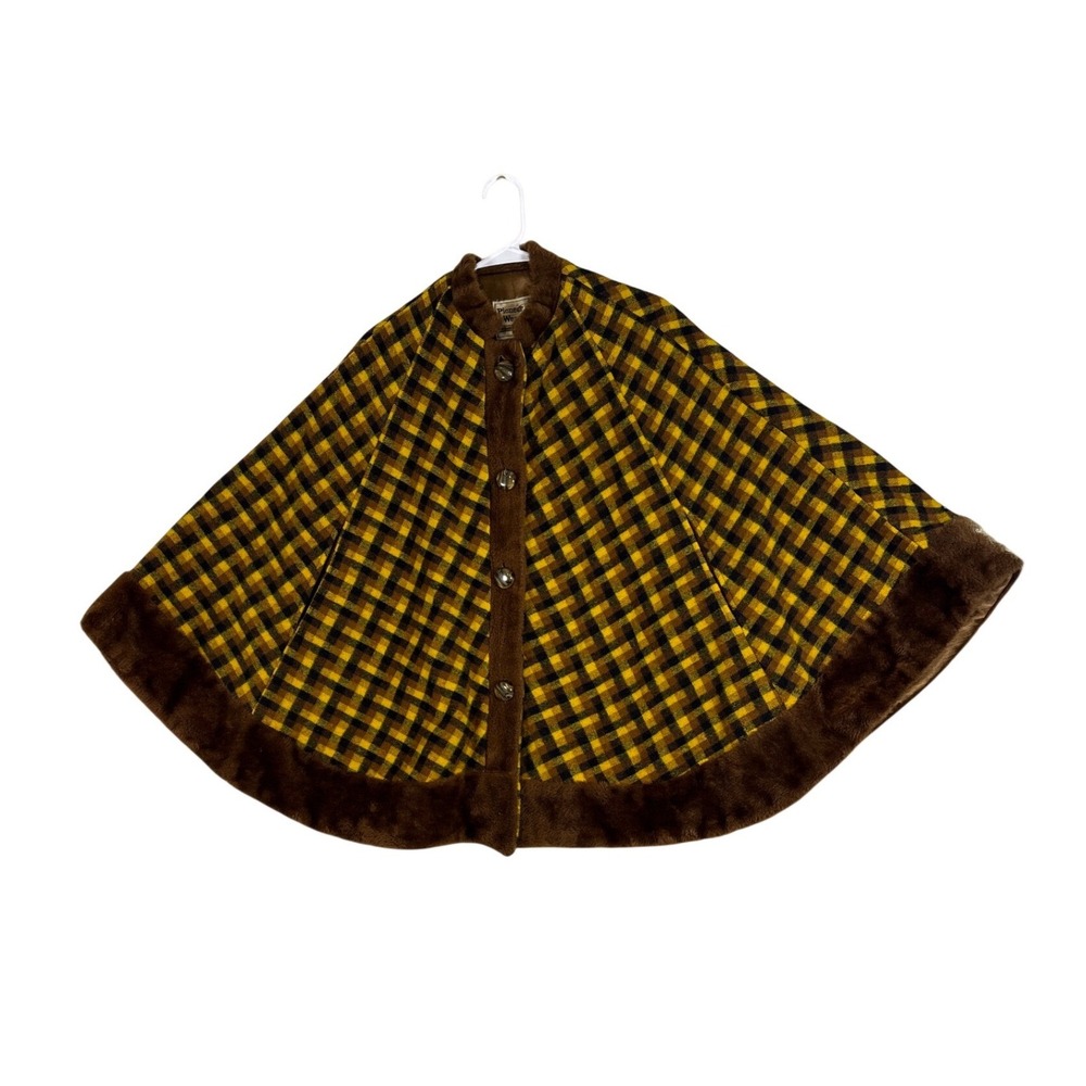 Vintage Pioneer Wear Plaid Cape Faux Fur Trim Brown Yellow Western Poncho Small